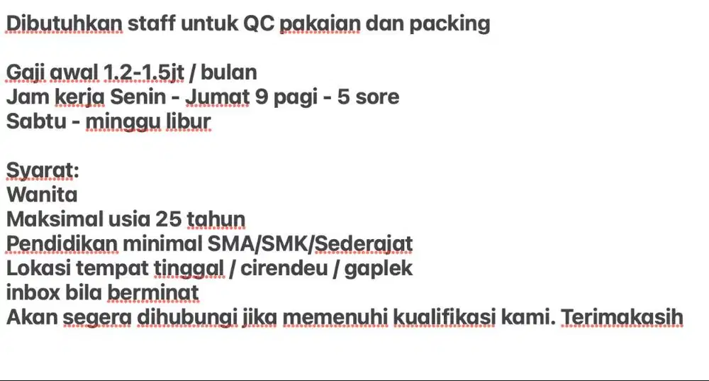 Dibutuhkan staff untuk QC pakaian dan packing