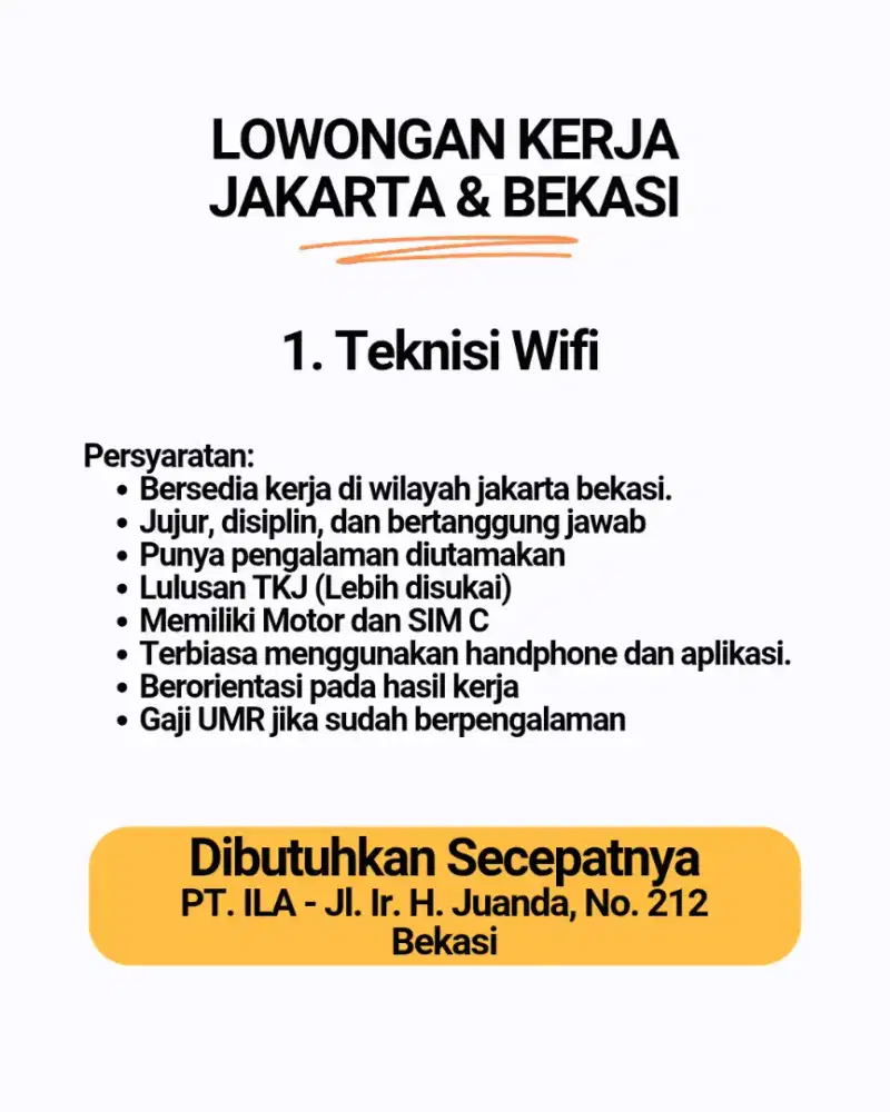 Lowongan Teknisi Wifi