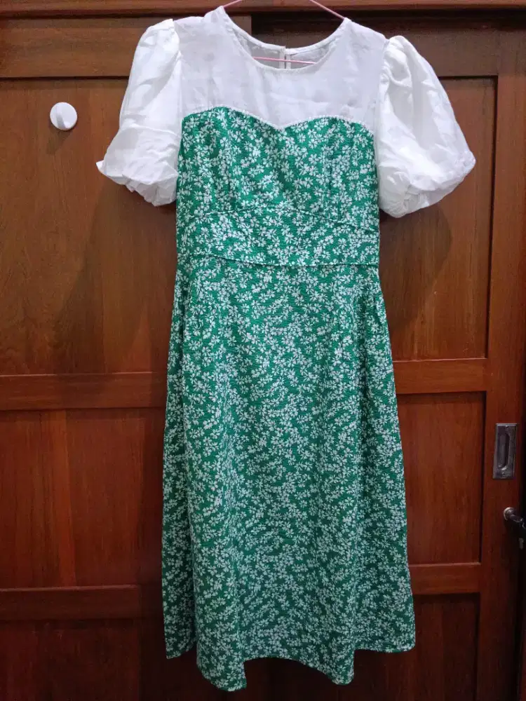 Dress hijau natal katun kombinasi putih