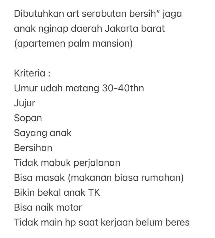 Dibutuhkan ART + Jaga anak Nginap