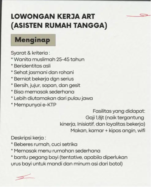 Lowongan Asisten Rumah Tangga (ART) Menginap