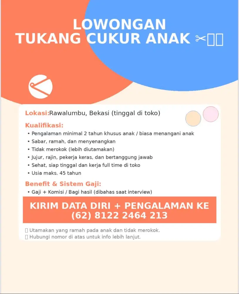 LOKER BARBERSHOP / CAPSTER / TUKANG CUKUR - BEKASI RAWA LUMBU