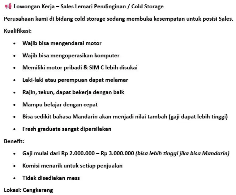 Lowongan Sales Lemari Pendinginan – Gaji & Komisi Menarik