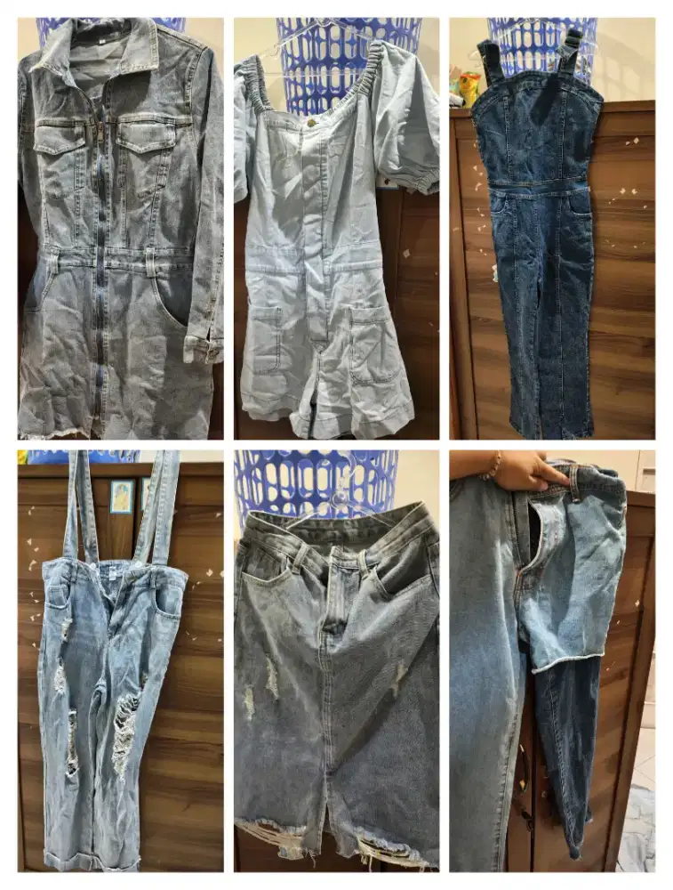 Semua berbahan denim dress..celana panjang maupun baju monyet