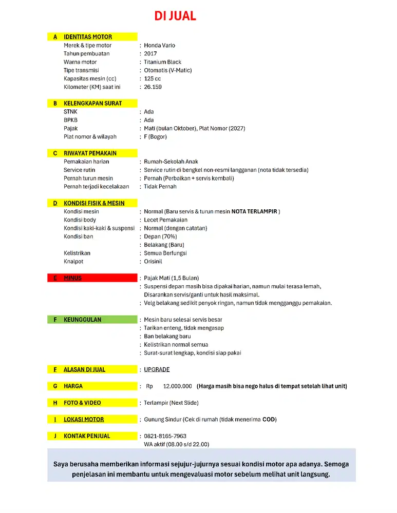 Dijual Honda Vario 125 Tahun 2017 — Plat F (Bogor)