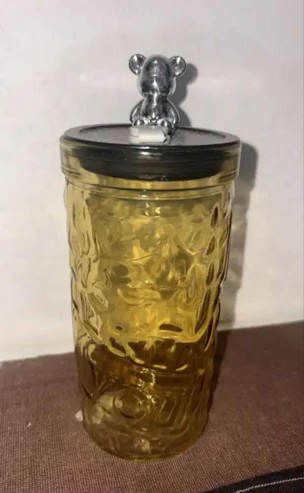 Gelas kaca motif kristal plus sedotan dan tutup bear