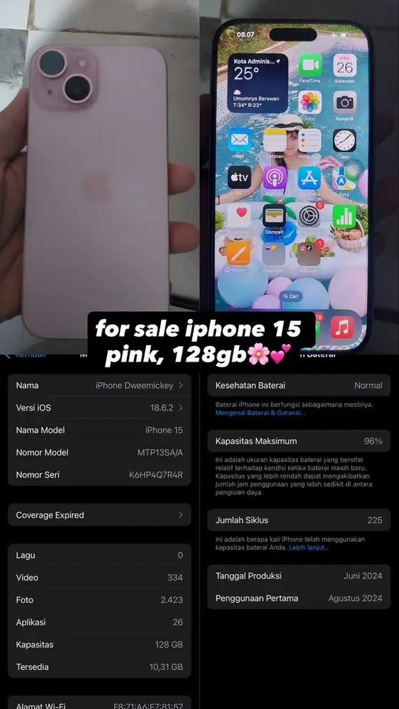 Iphone 15 pink ex blibli, 128Gb