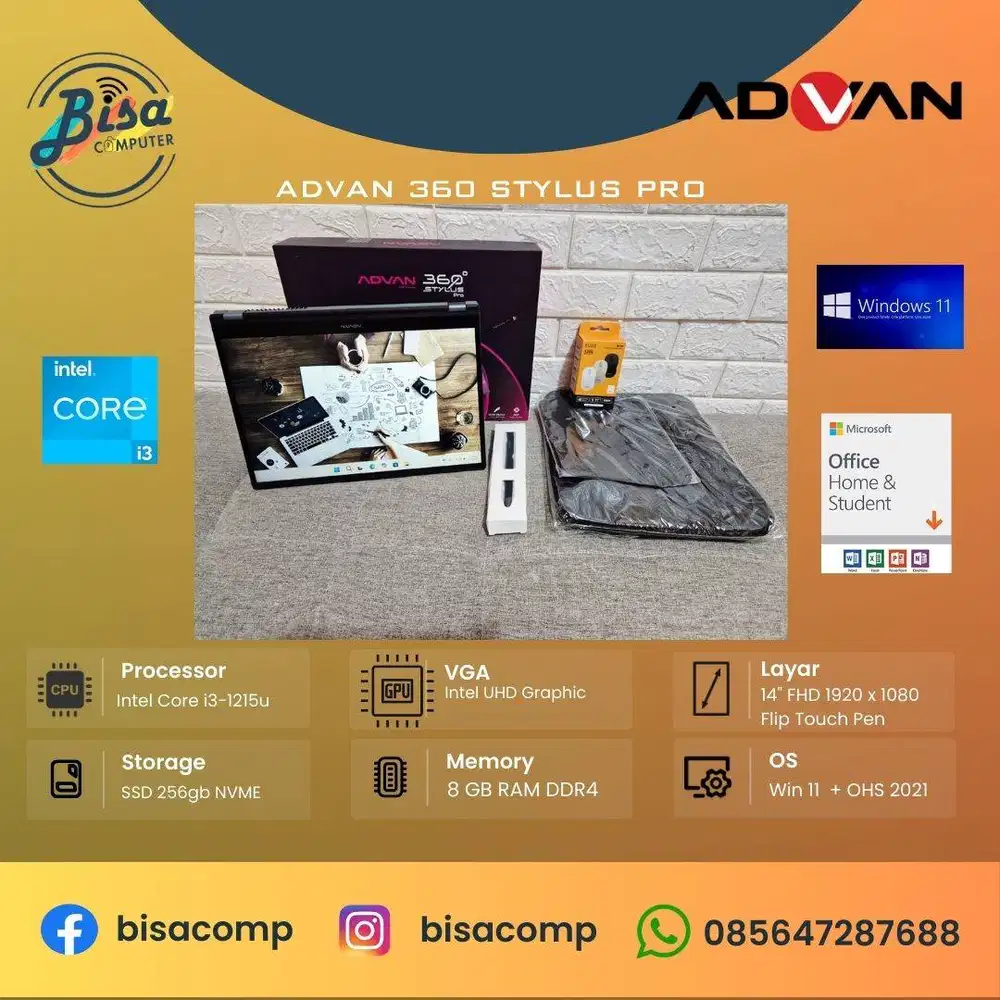 Advan 360 Stylus Pro Core i3 12th Gen SSD 256gb Ram 8gb 14inchFHD Flip