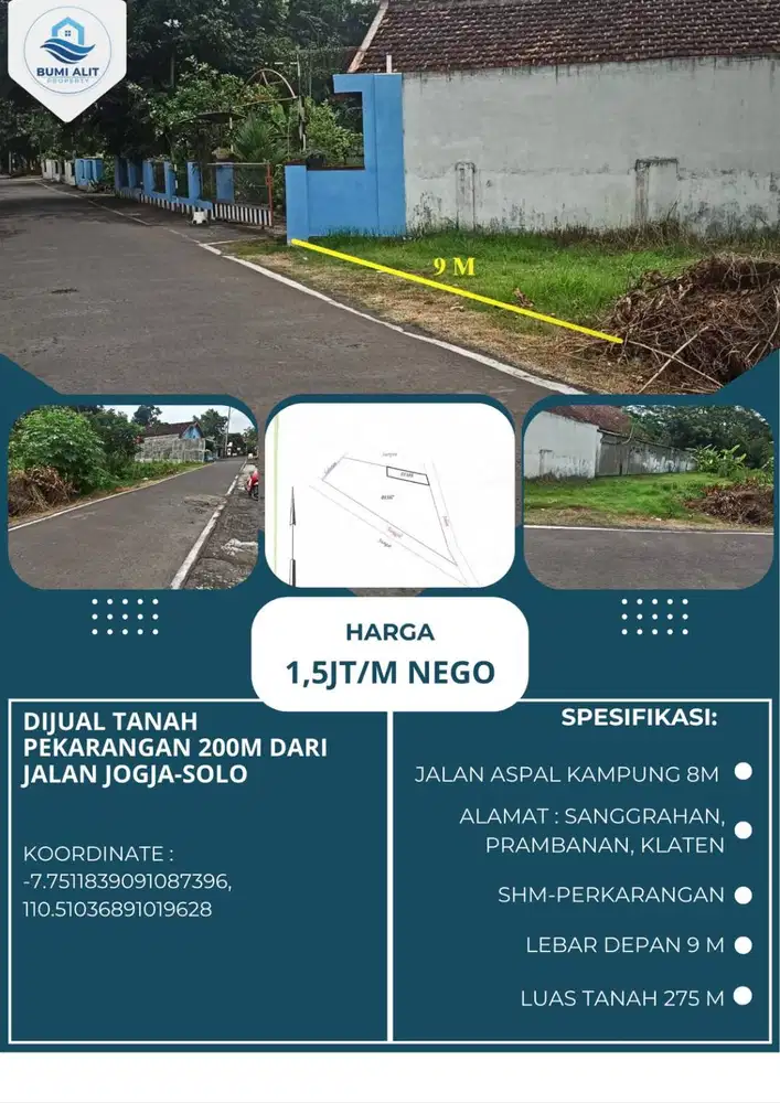 DIJUAL TANAH PEKARANGAN 200M DARI JALAN JOGJA-SOLO