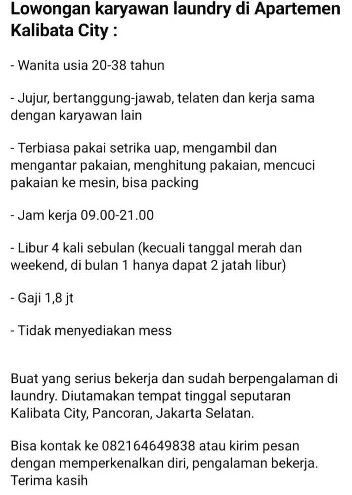 Lowogan Pekerjaan Laundry Kalibata City