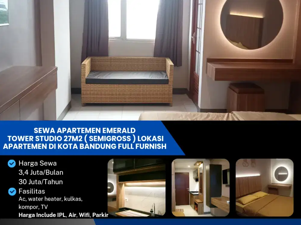 Sewa Apartemen Emerald
Tower Studio 27m2 ( Semigross ) Lokasi
Apartemen di Kota Bandung Full Furnished