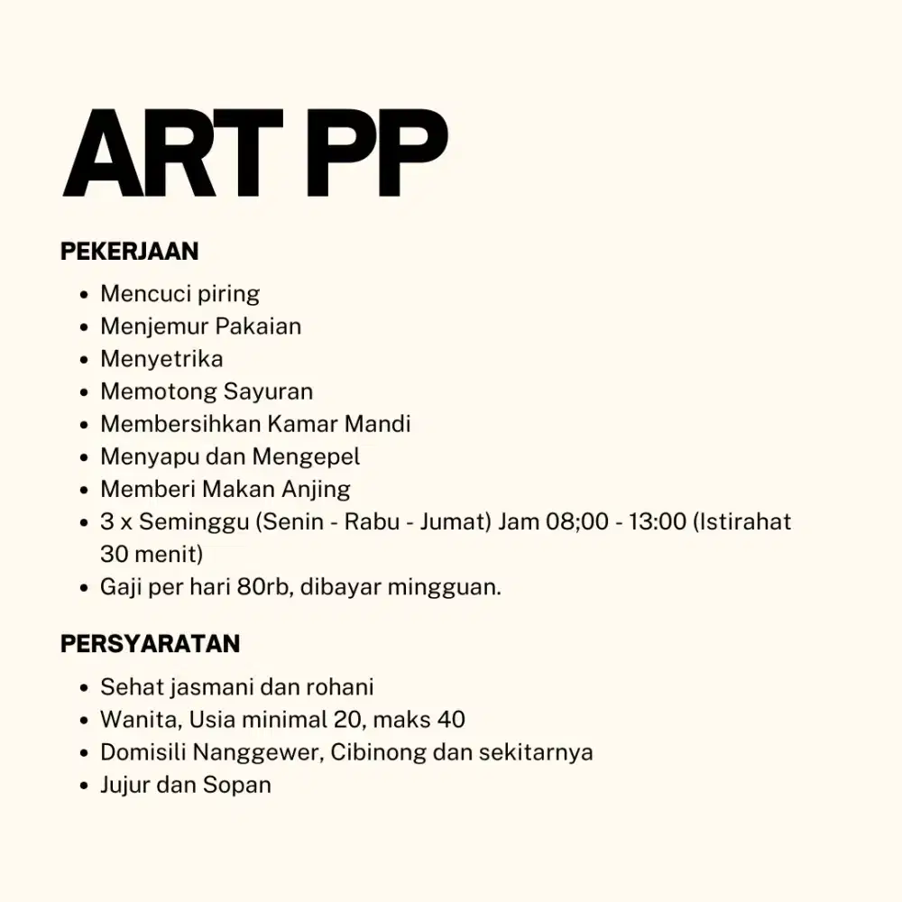 Dicari ART PP (Pulang Pergi) Part Time