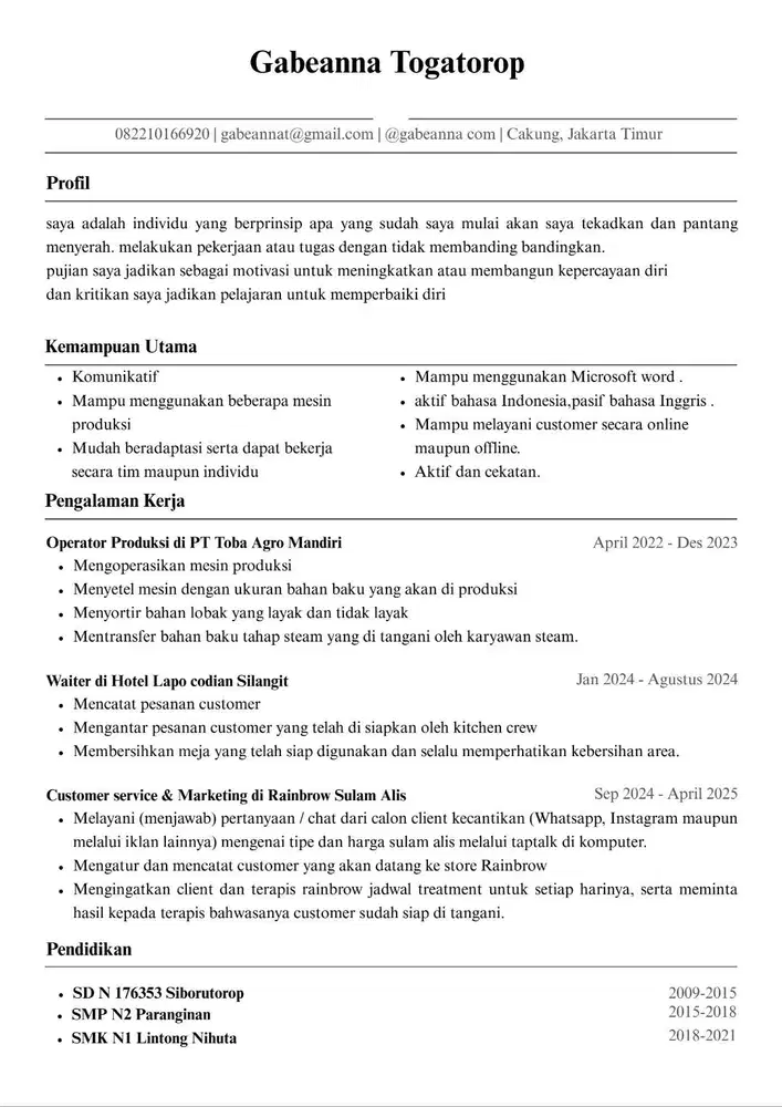 Butuh kerja customer service, cleaning service, sales