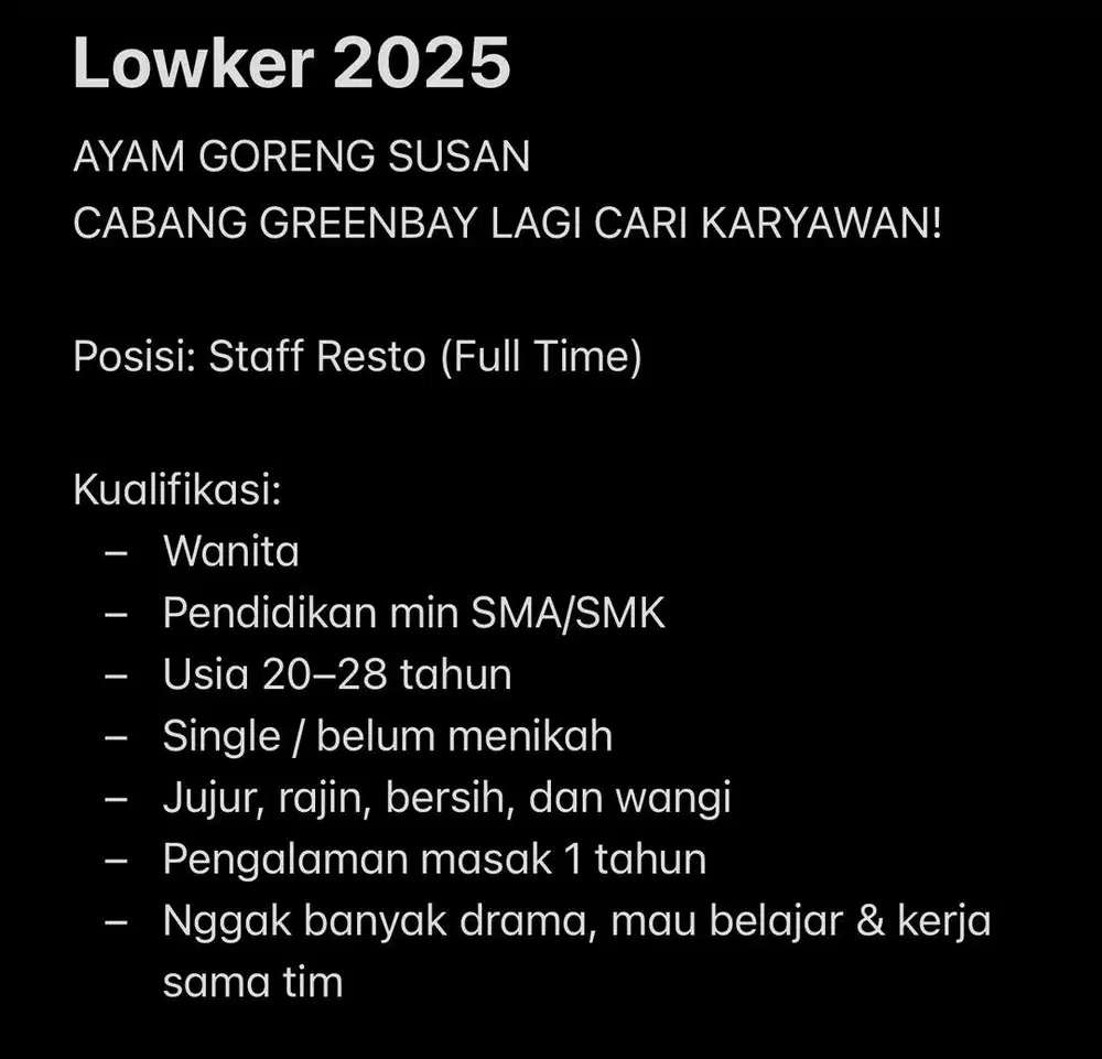 Lowongan staff resto full time di pluit jakarta utara