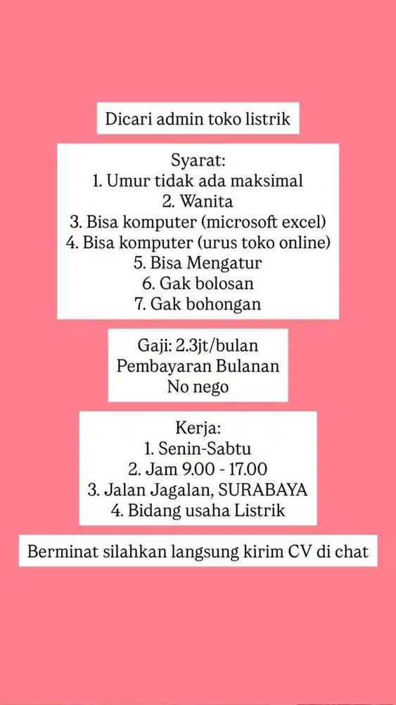 ADMIN toko listrik (kirim CV)