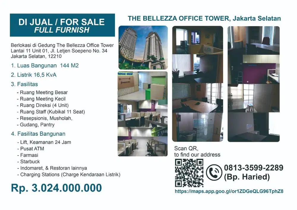 JUAL KANTOR / OFFICE FOR SALE (FULL FURNISH) THE BELLEZA OFFICE TOWER