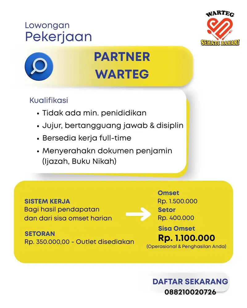 Pengelola Warteg (Bagi Hasil Omset & Tinggal di Warteg)