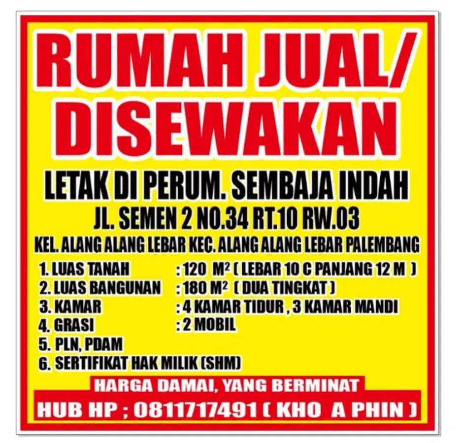 DIJUAL DAN DI SEWAKAN RUMAH 2 LANTAI DI KOTA PALEMBANG
