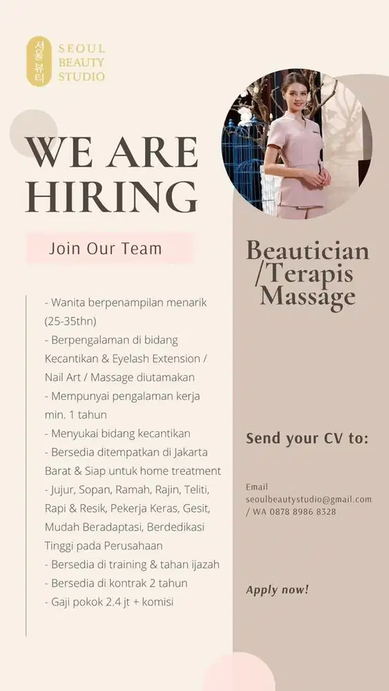 Lowongan Beautician / Therapist / Marketing