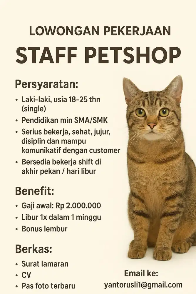 Lowongan kerja staff petshop/kasir