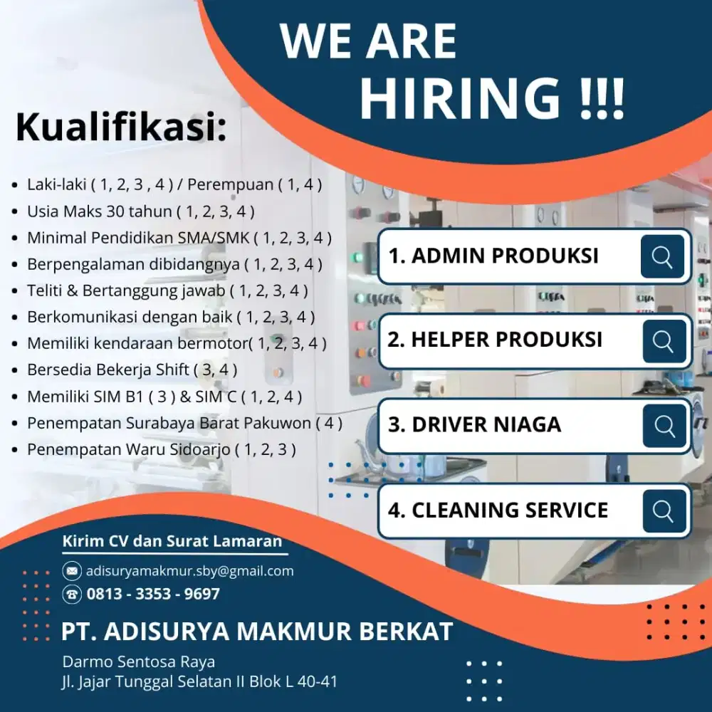 Lowongan Admin, Driver, Helper, Cleaning