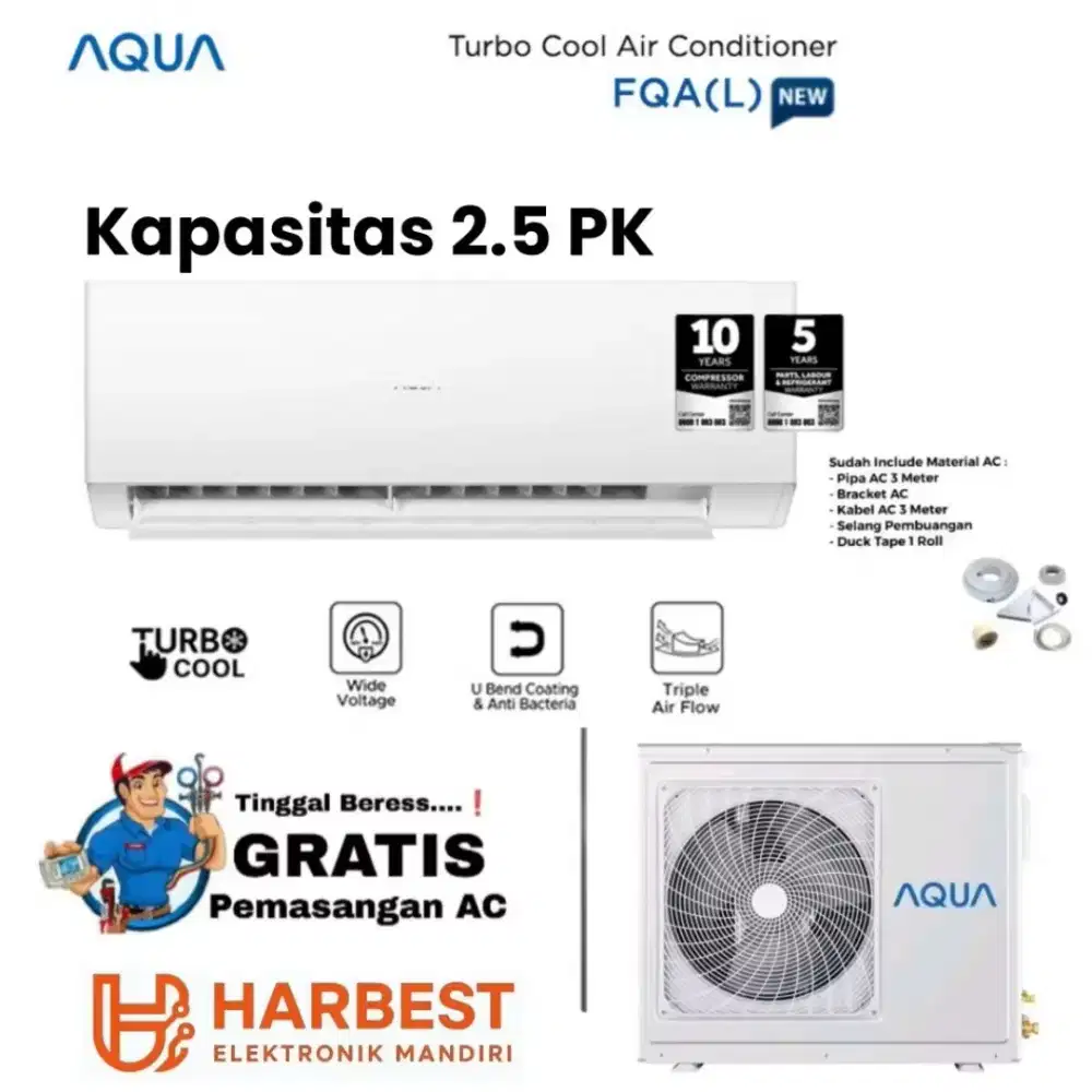 FREE PEMASANGAN! AQUA AC Split Standart 2.5 PK TURBO COOL AQA-KR25FQAL
