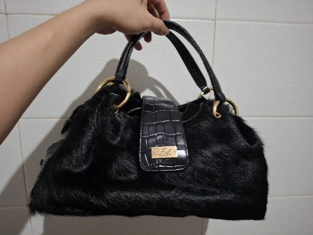 Isabella Adams Black/Gold Leather/Fur Designer Bag