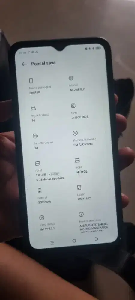 itel a50 4/64 kelengkapan hp aja
