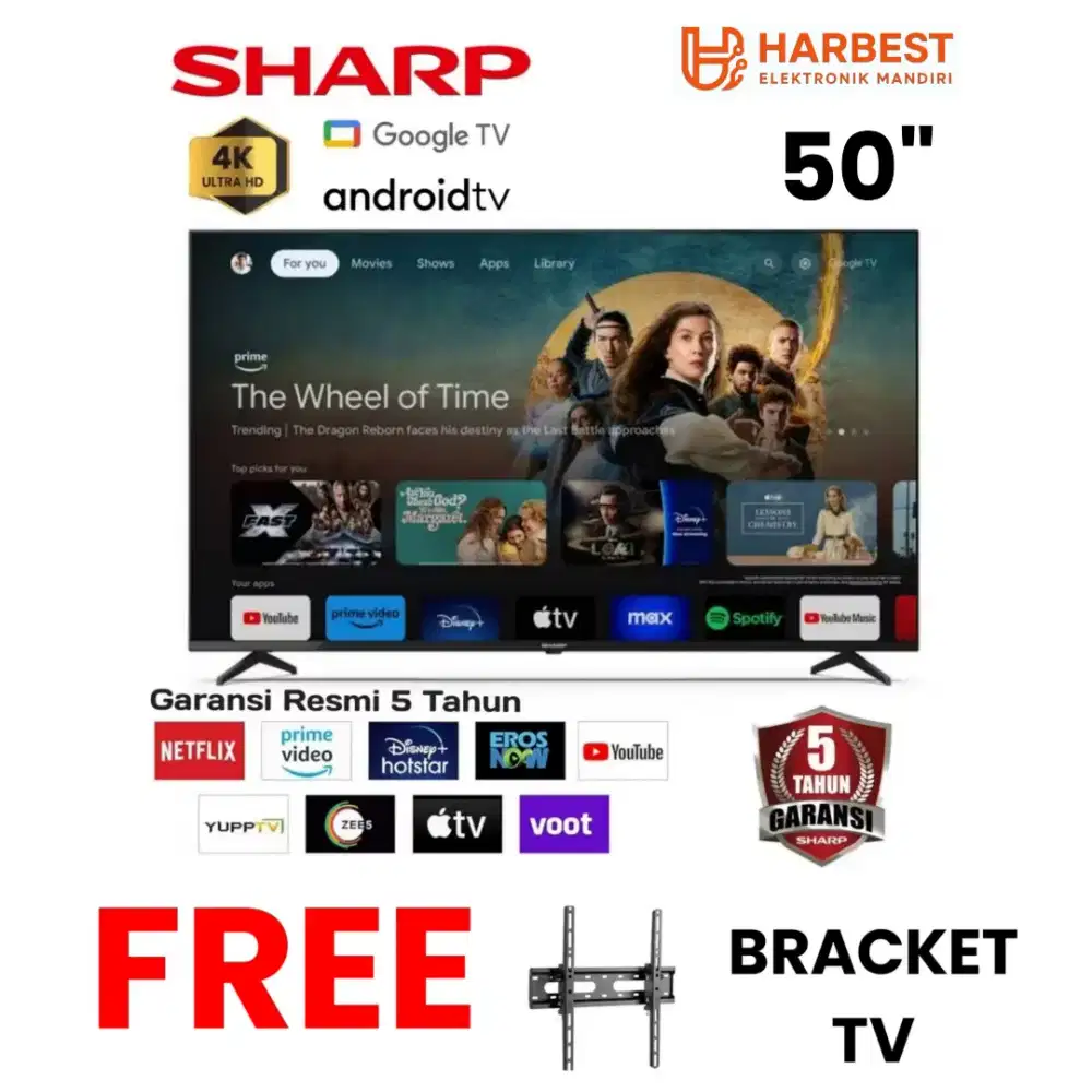 SHARP 4K UHD Google TV 50 Inch Bluetooth Dolby HDR+ 4T-C50FJ1I Airplay