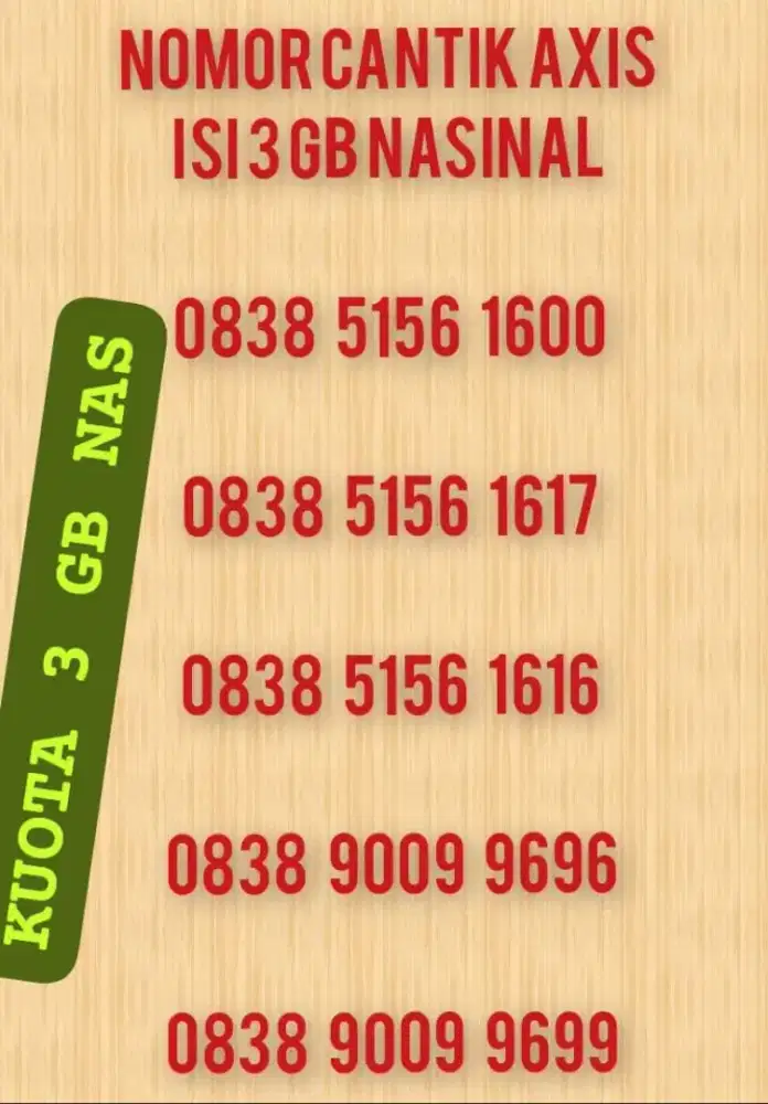 NOMOR CANTIK AXIS ISI KUOTA 3 GB NASIONAL BERLAKU SATU BULAN.