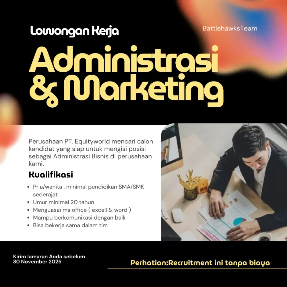 Haii semua yuk segera melamar untuk posisi Admin dan Marketing