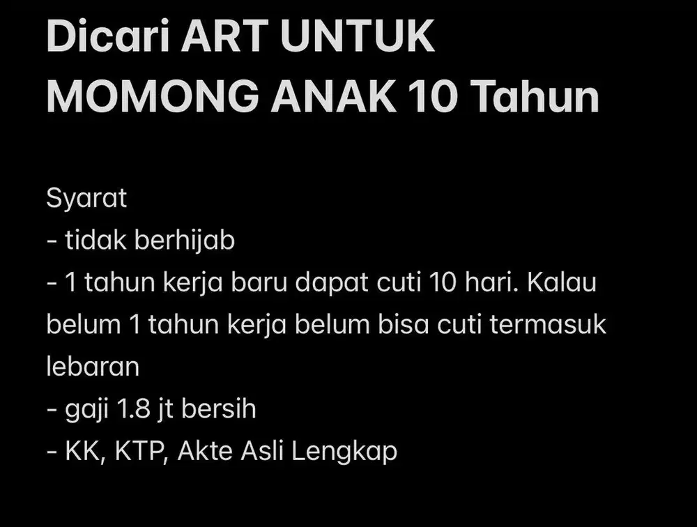 Dicari Prt/Art Untuk momong anak 10 tahun