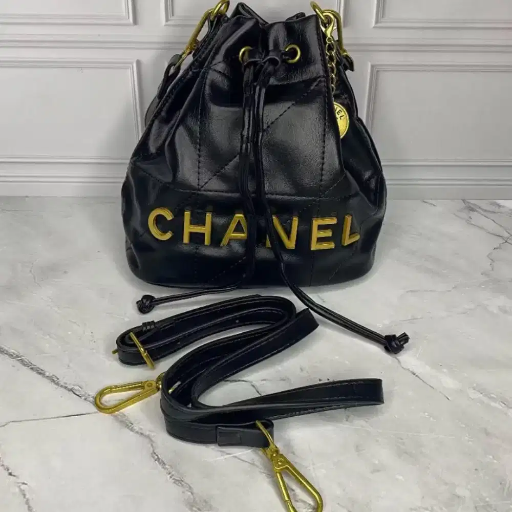 Chanel Drawstring Bucket Bag - Black & Gold