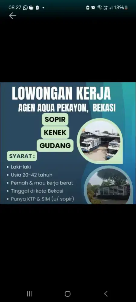 Lowongan Kerja Kenek dan Sopir Agen Aqua