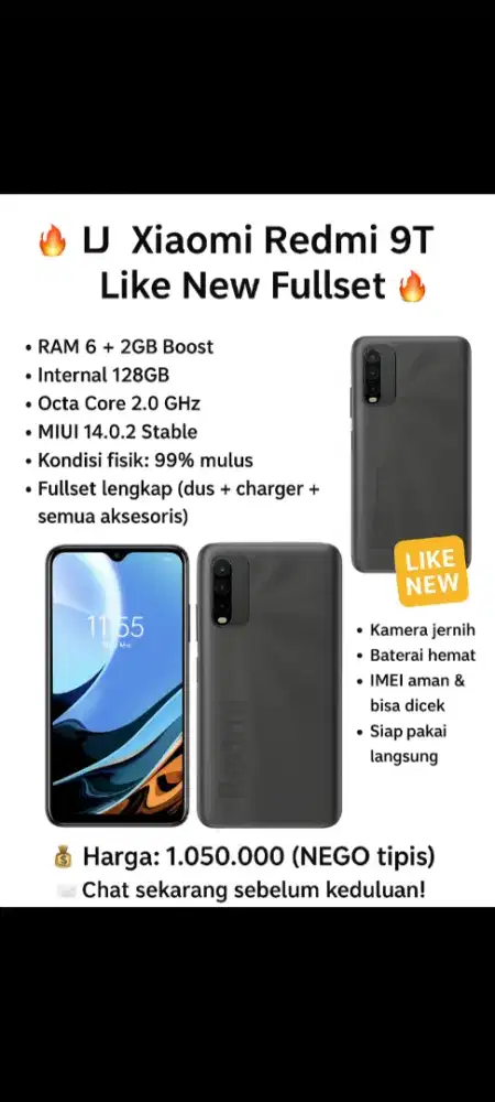 Xiaomi Redmi 9T Kondisi Like New