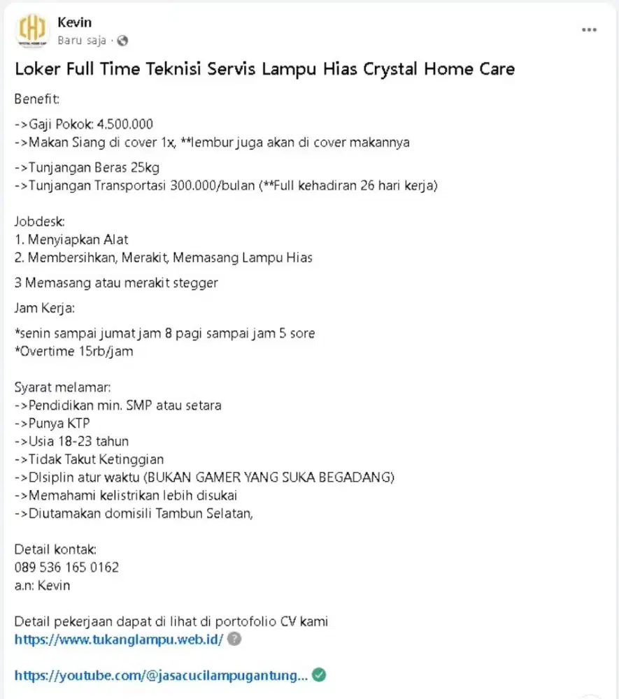 Loker Teknisi Servis Lampu Hias Crystal Home Care