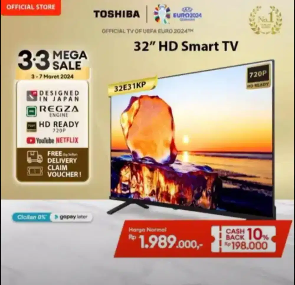 Jual Toshiba 32in smart tv model E31KP minus remote hilang