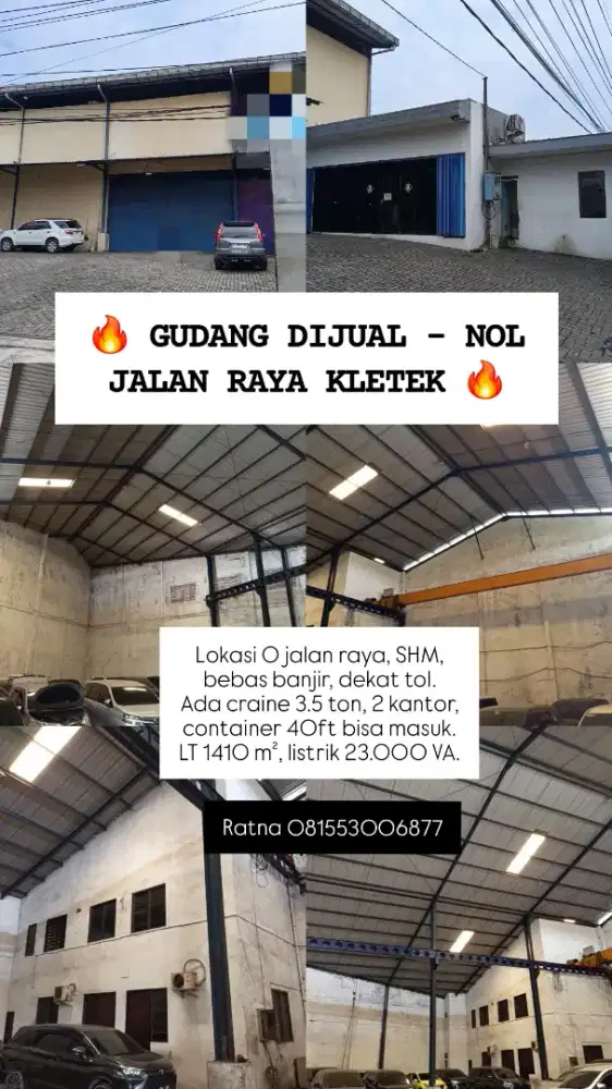 DIJUAL GUDANG KLETEK Nol Jalan Raya Bisa dilalui container 40ft