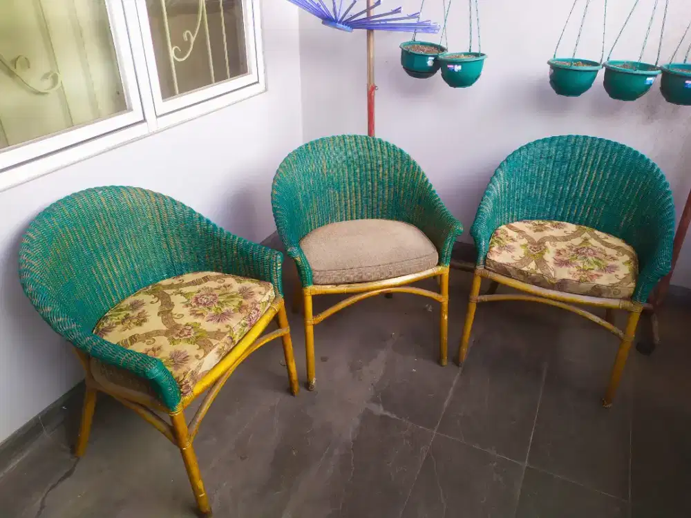 Jual kursi santai cafe / teras bahan rotan asli 3pcs murmer aja