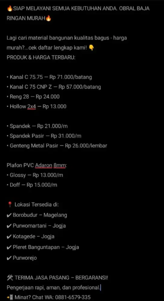 DI OBRAL BAHAN MATERIAL MURAH-BARU. Siap melayani semua keperluan anda