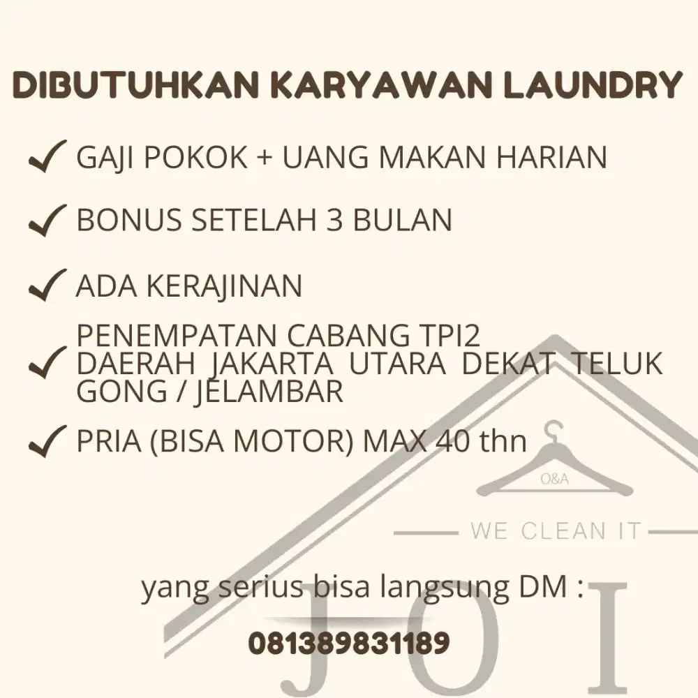 Dibutuhkan Lowongan Kerja karyawan laundry Jakarta Barat Utara