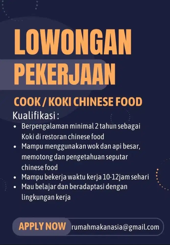 Dicari Koki dan Helper dapur untuk rumah makan chinese food