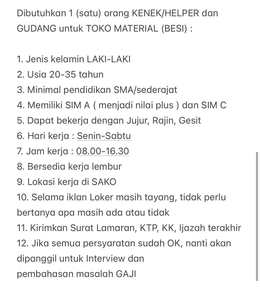 Lowongan kerja bagian HELPER dan GUDANG