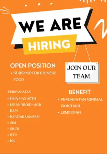 kami sedang membuka lowongan Driver Chinesse food