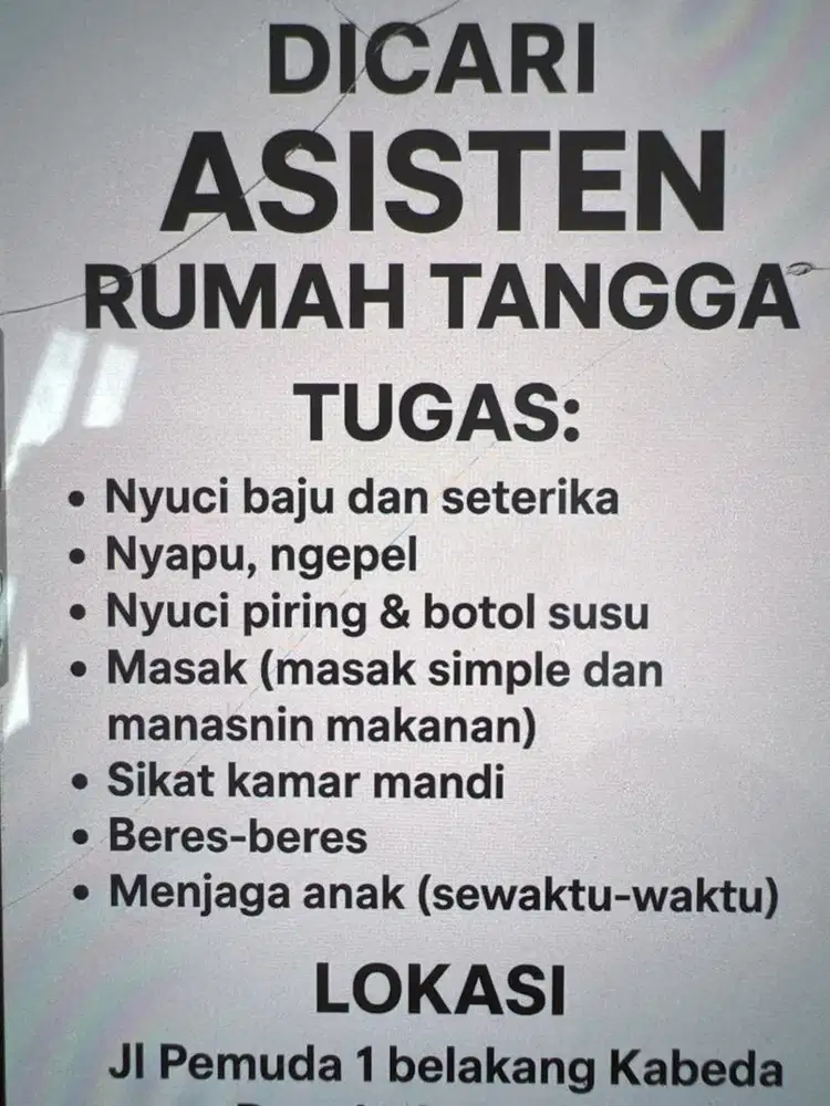 Dibutuhkan Asisten Rumah Tangga (ART) (Pulang Pergi)