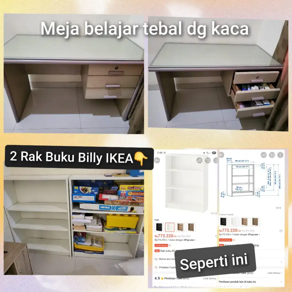 RAK BUKU billy IKEA 2 rak dan 1 Meja Belajar kayu tebal dg kaca