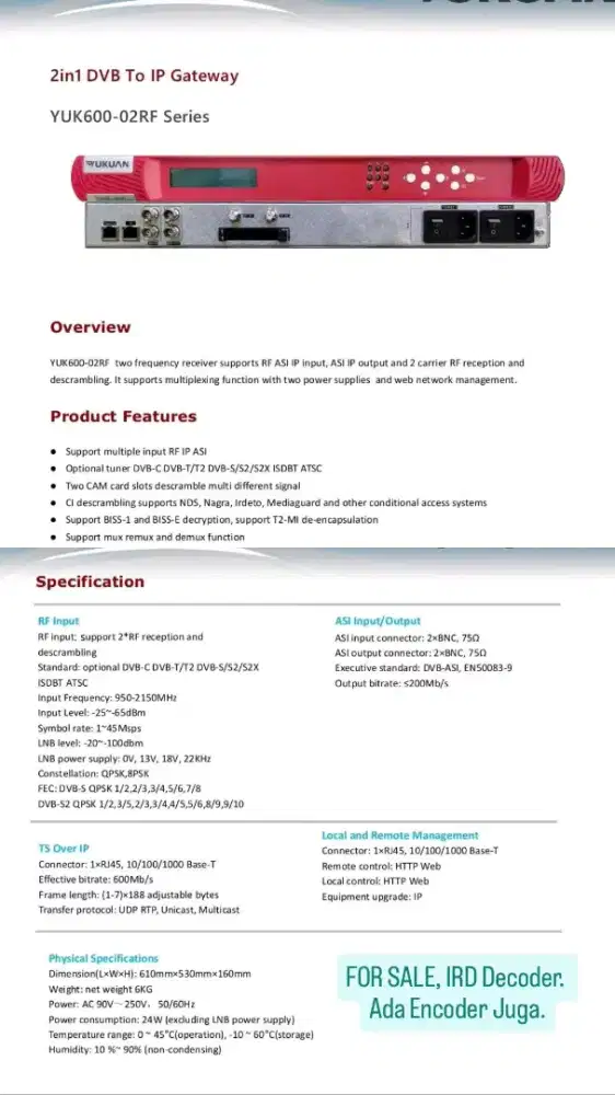 IRD Decoder Yukuan 600 Series (YUK600-02RF) & Encoder Yuk2000-1