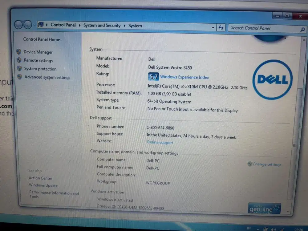 Laptop Dell System Vostro 3450 Core i3