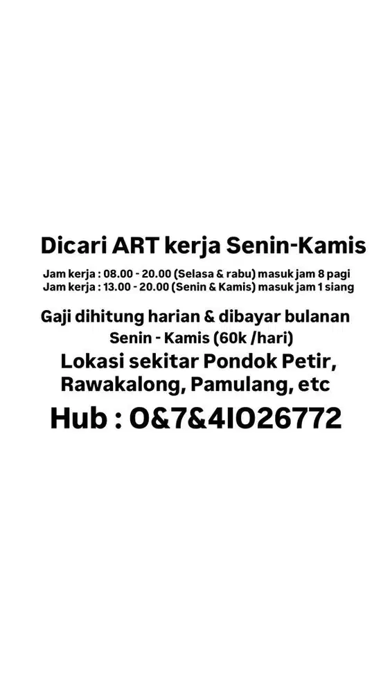 Lowongan kerja dicari ART