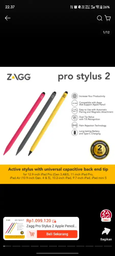 Zagg Pro Stylus 2 Apple Pencil 2nd Gen for iPad Pro
